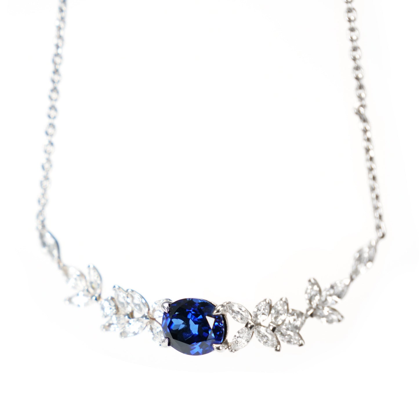 Micro-setting Sapphire color Lab created stones marquise necklace, sterling silver.