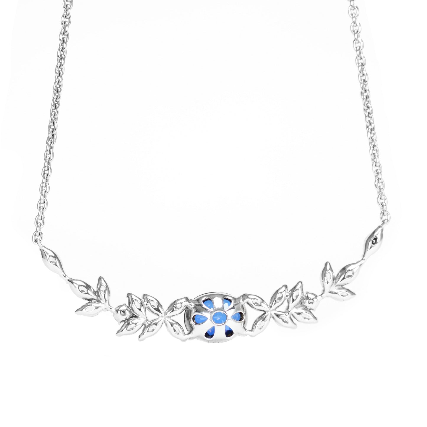 Micro-setting Sapphire color Lab created stones marquise necklace, sterling silver.