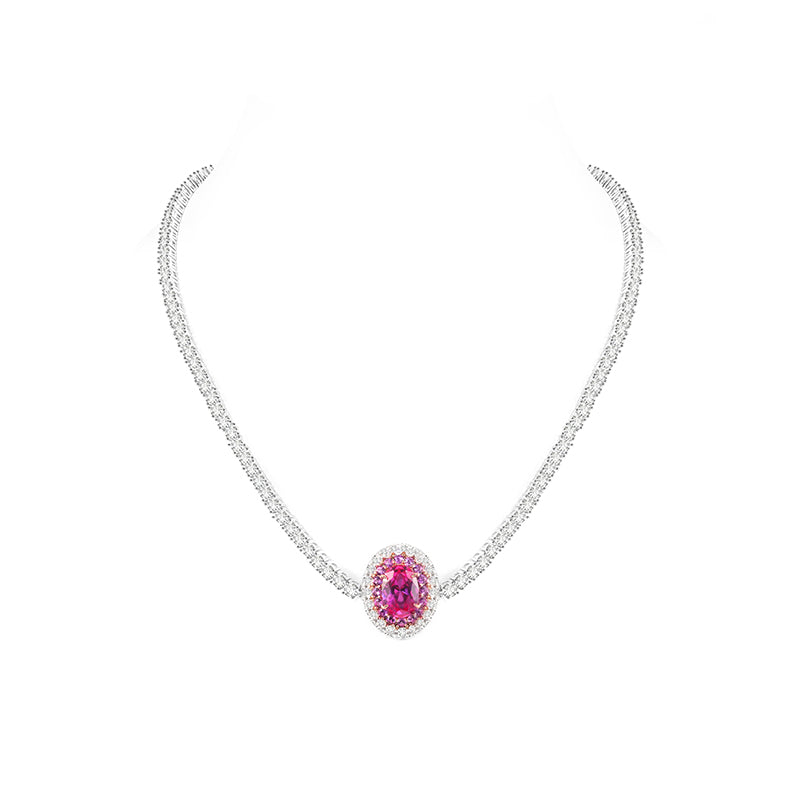 Micro-setting dark oval Pink diamond color Lab created stones Romantic Luxury Tennis chain collar necklace, sterling silver