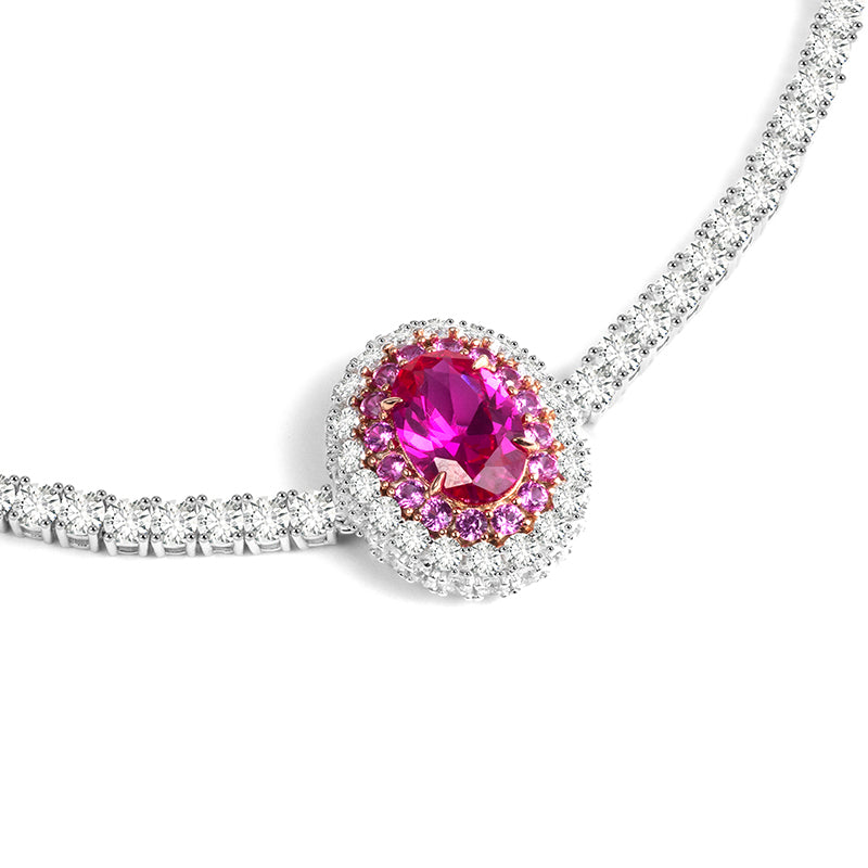 Micro-setting dark oval Pink diamond color Lab created stones Romantic Luxury Tennis chain collar necklace, sterling silver