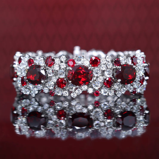 Micro-setting Ruby color Lab created stones fully studded fancy oval shape bracelet, sterling silver