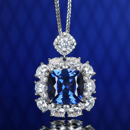 Micro-setting Sapphire color Lab created stones square cube necklace, sterling silver