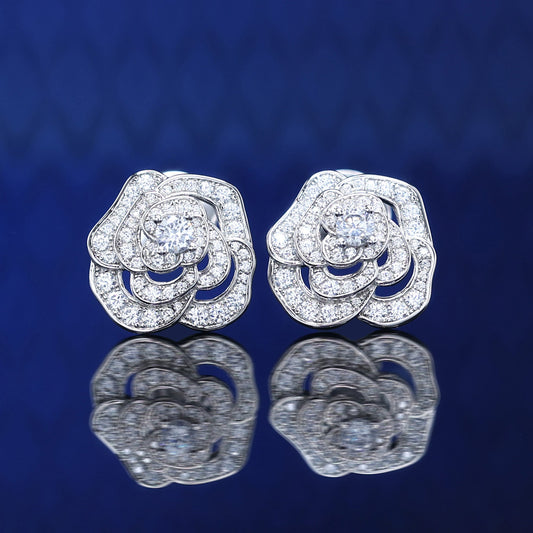 Micro-setting Lab created stones Camellia earrings, sterling silver.
