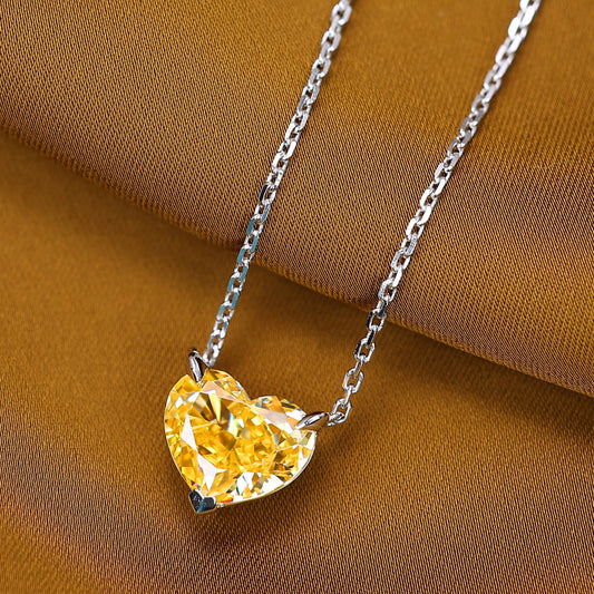 Micro-setting Yellow diamond color Lab created stones heart shape necklace. sterling silver