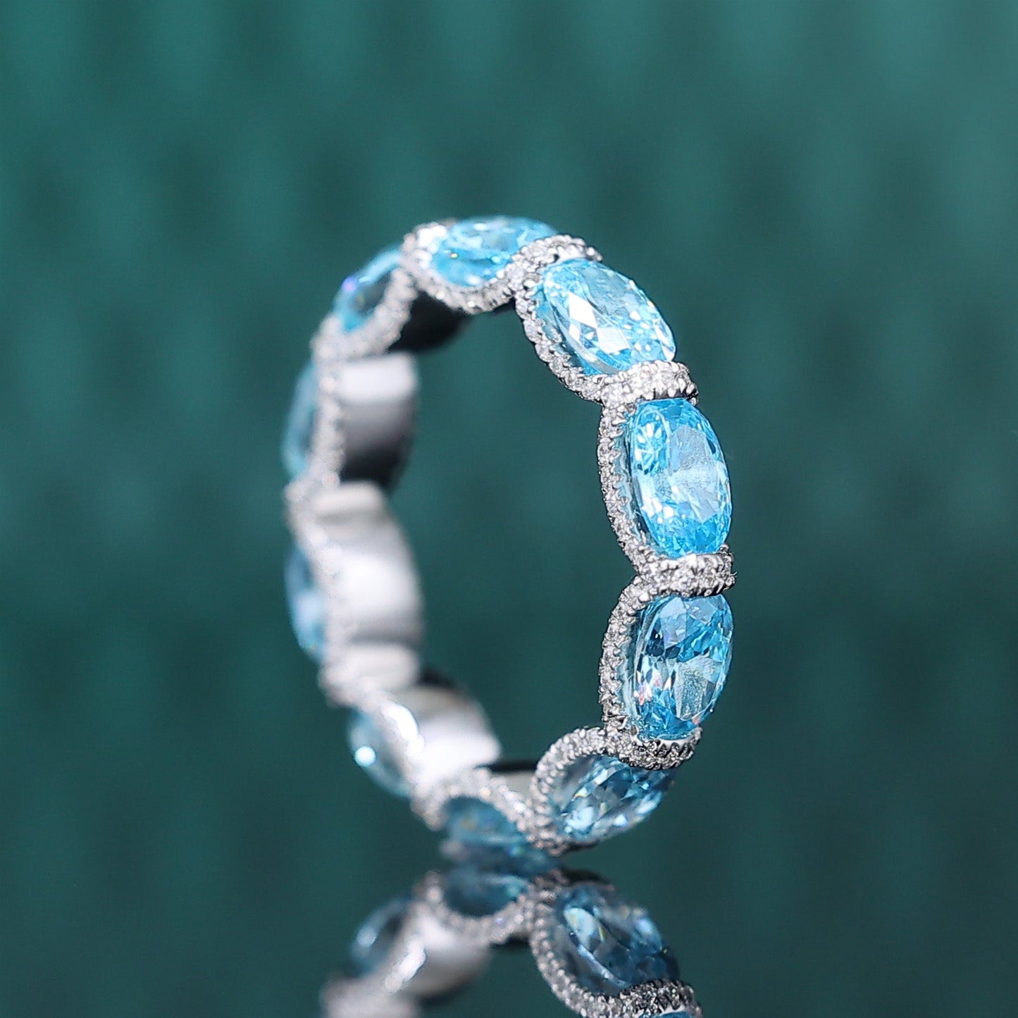 Micro-setting Aquamarine color Lab created stones detailed band ring, sterling silver. (7.5 carat)