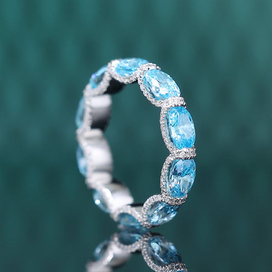 Micro-setting Aquamarine color Lab created stones detailed band ring, sterling silver. (7.5 carat)