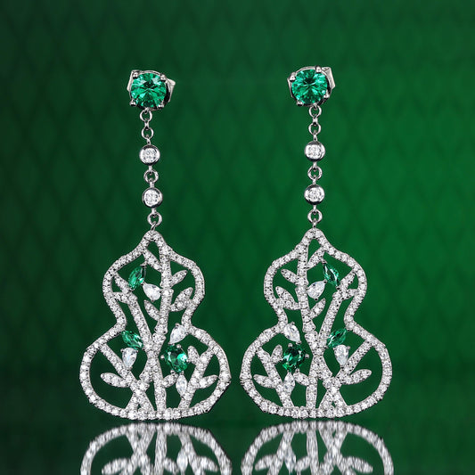 Limited edition only 1 pair Micro-setting Tsavorite green color lab created stones Hulu gourd earrings, sterling silver