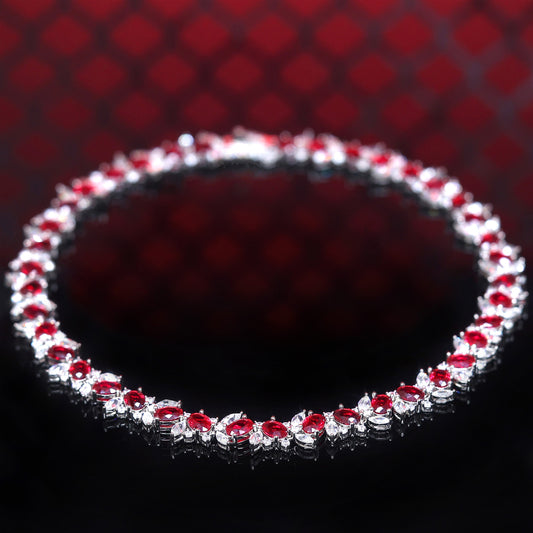 Micro-setting Ruby color Lab created stones Oval shape fully studded lace necklace, sterling silver