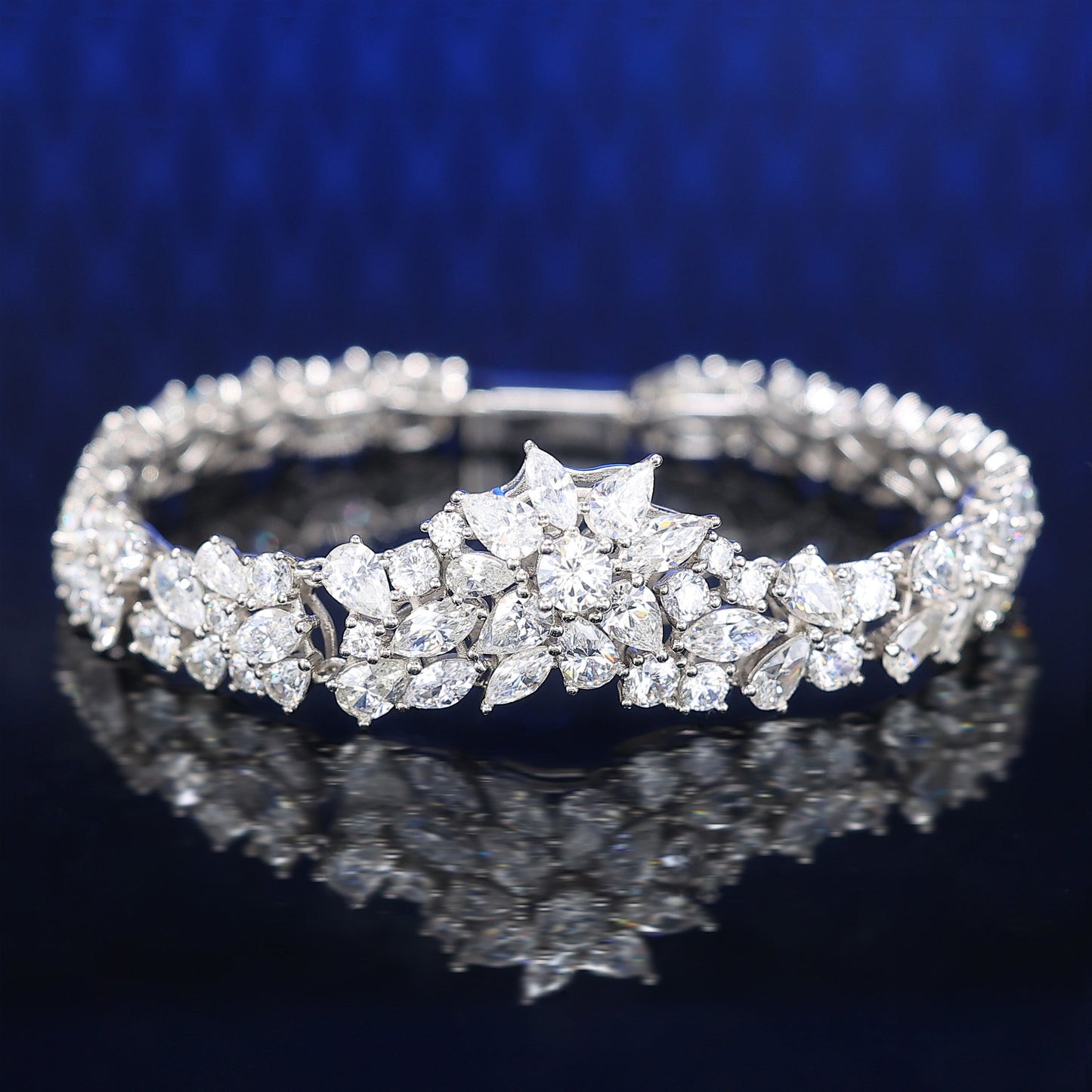 Micro-setting clear diamond color Lab created stones fully studded fancy bracelet, sterling silver