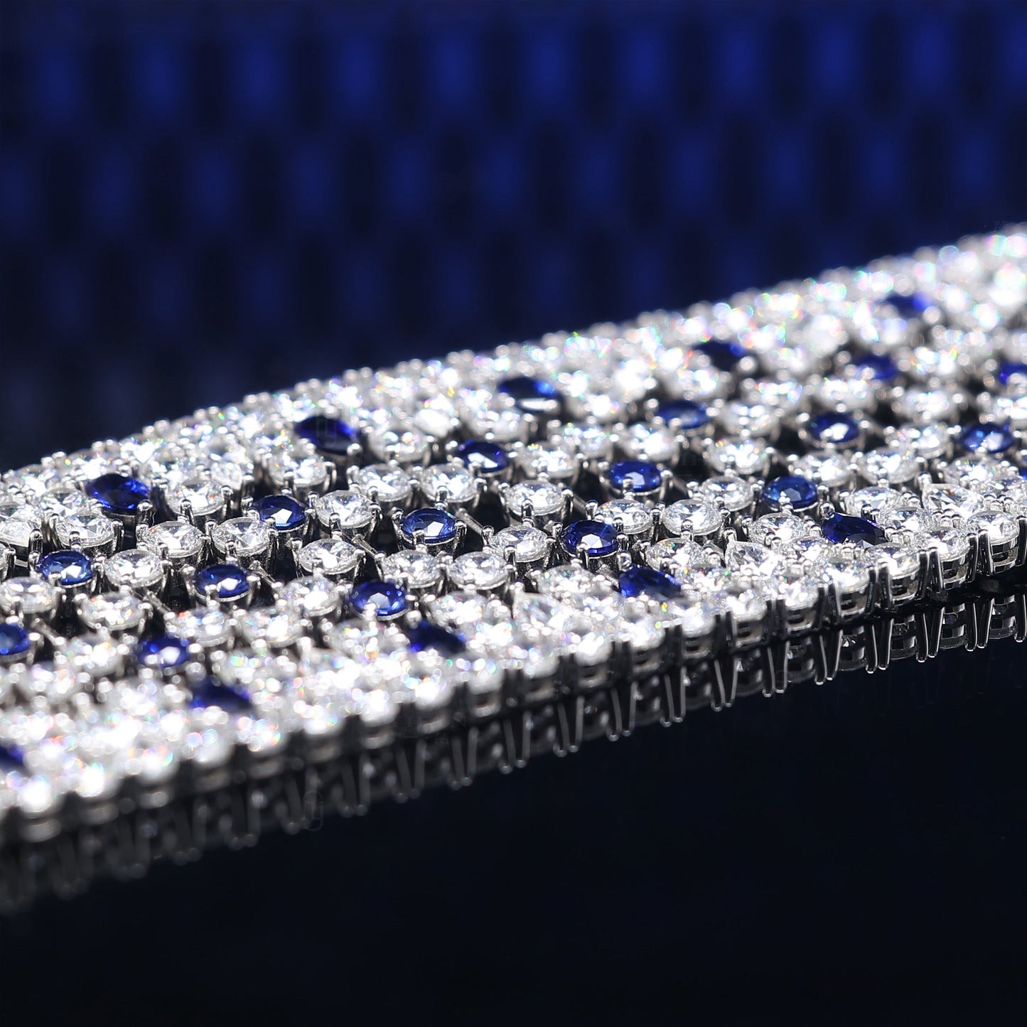Promotioanl design Micro-setting Sapphire color Lab created stones detailed wide bracelet, sterling silver