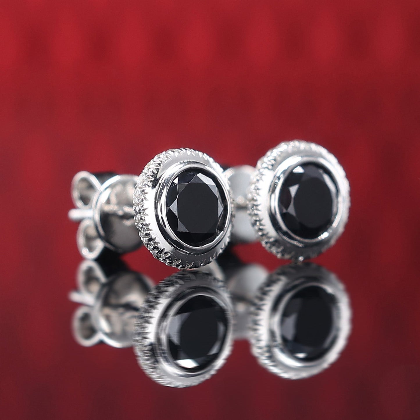 Micro-setting black Lab created stones Jedi Knight ear studs, sterling silver