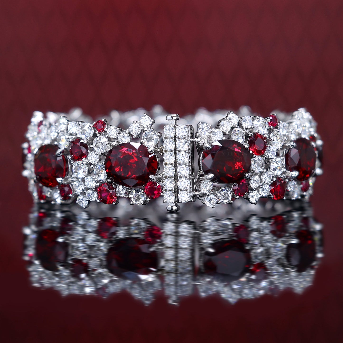 Micro-setting Ruby color Lab created stones fully studded fancy oval shape bracelet, sterling silver