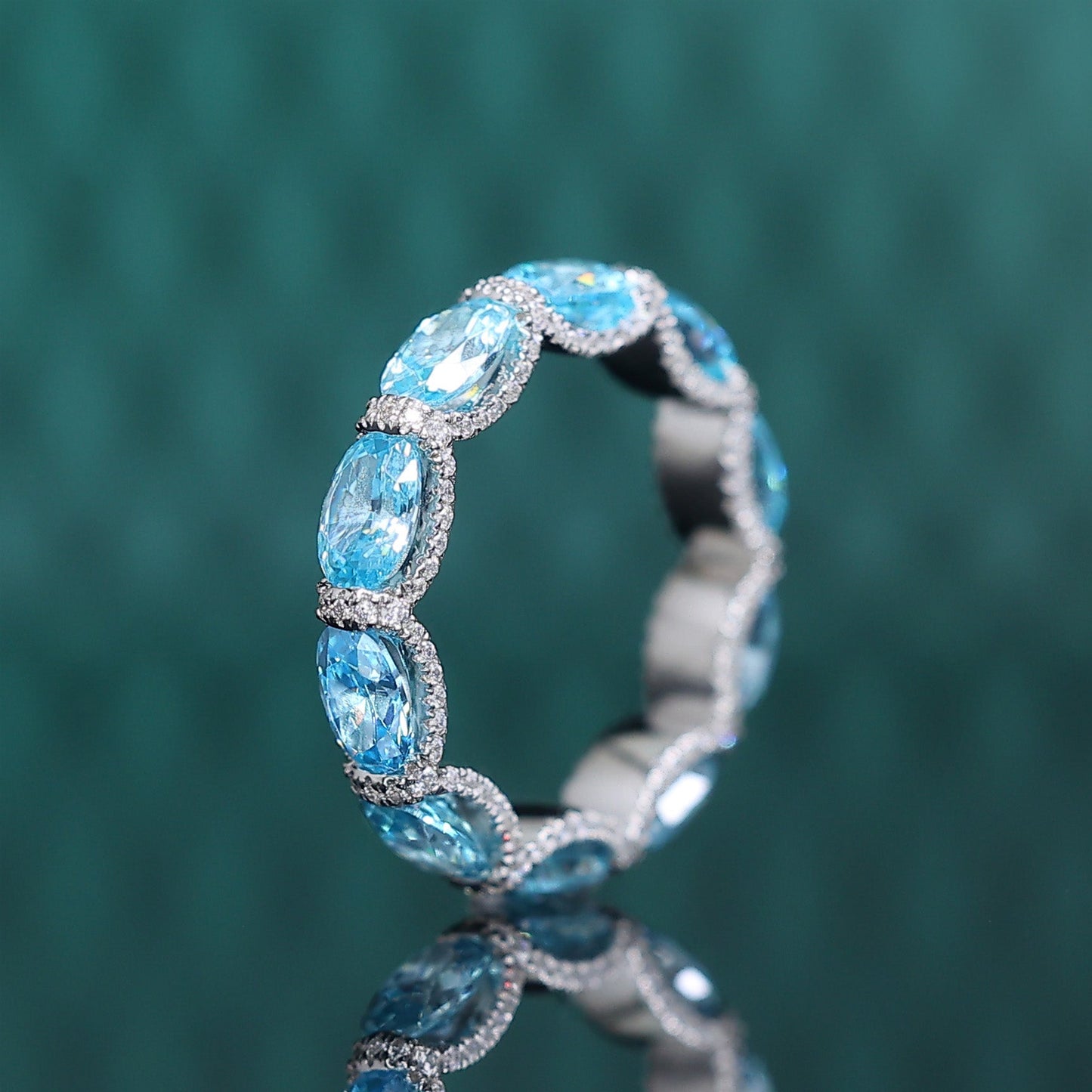 Micro-setting Aquamarine color Lab created stones detailed band ring, sterling silver. (7.5 carat)