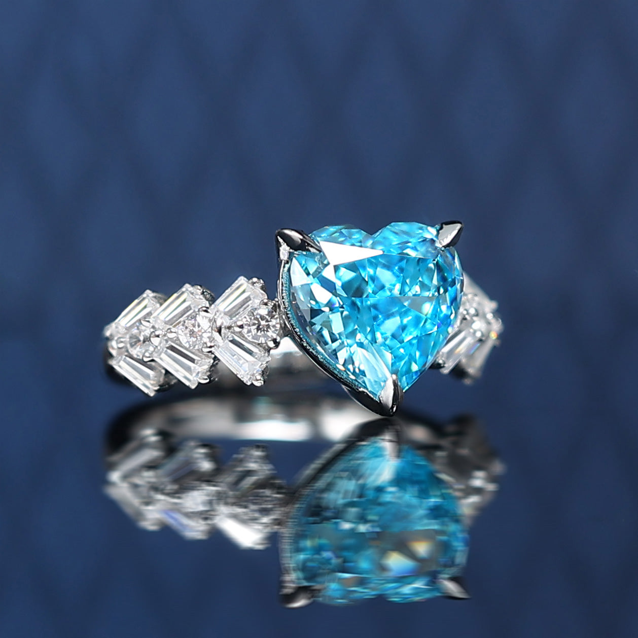 Micro-setting aquamarine color Lab created stones The heart of Cupid ring, sterling silver