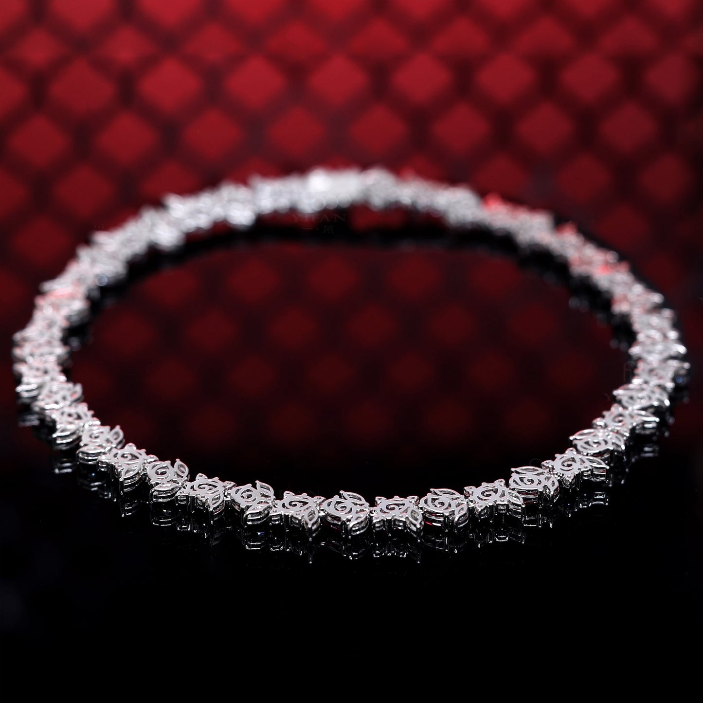 Micro-setting Ruby color Lab created stones Oval shape fully studded lace necklace, sterling silver