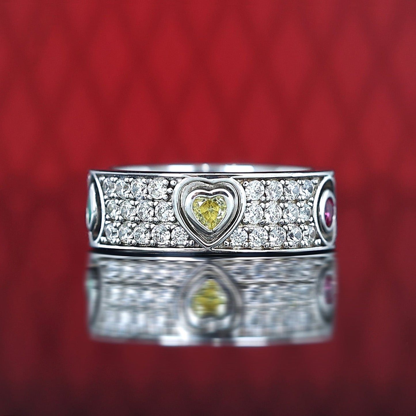 Special offer Micro-setting Colored Lab created stones detailed wide band ring, sterling silver