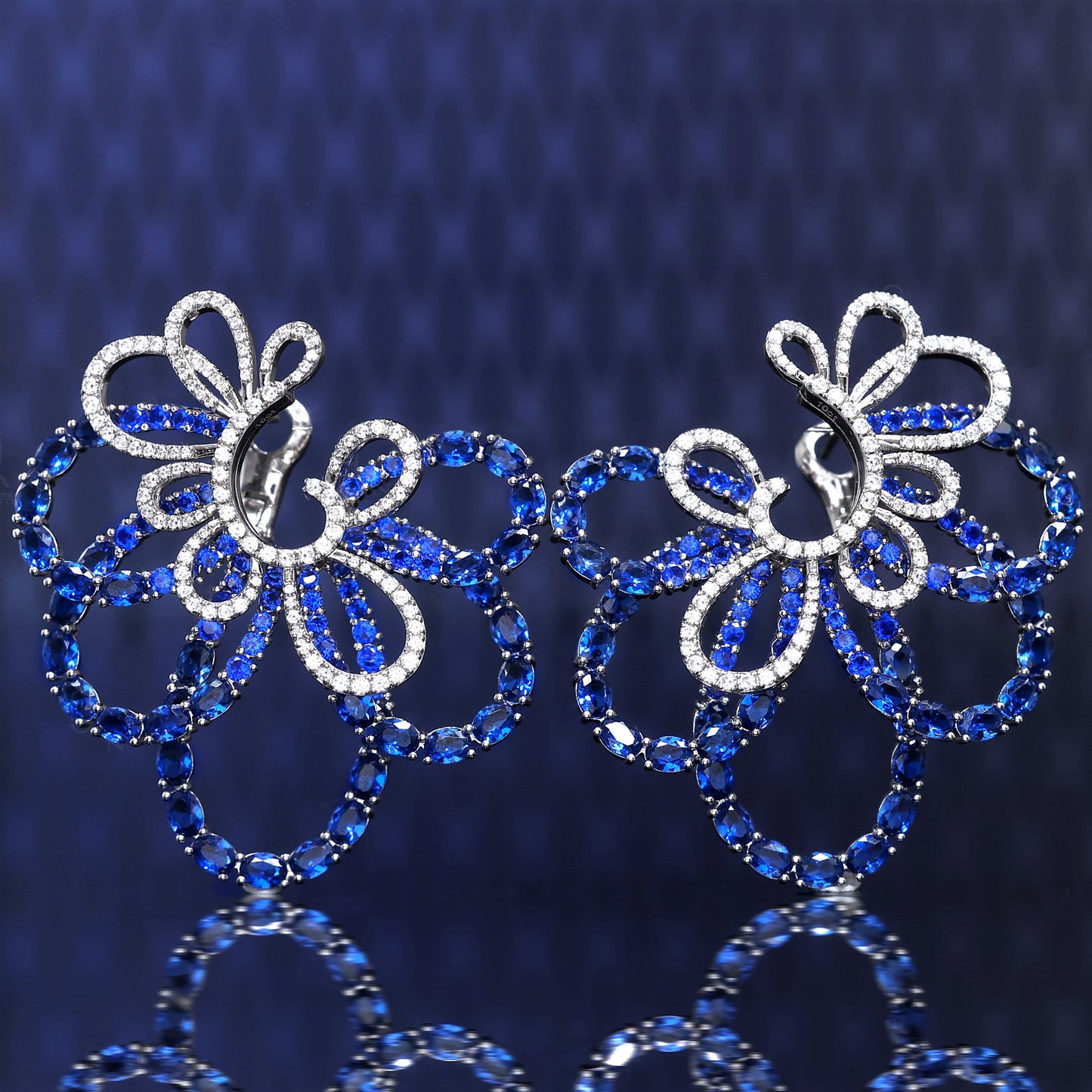 Micro-setting Sapphire color fully studded Lab created stones peacock earrings, sterling silver.