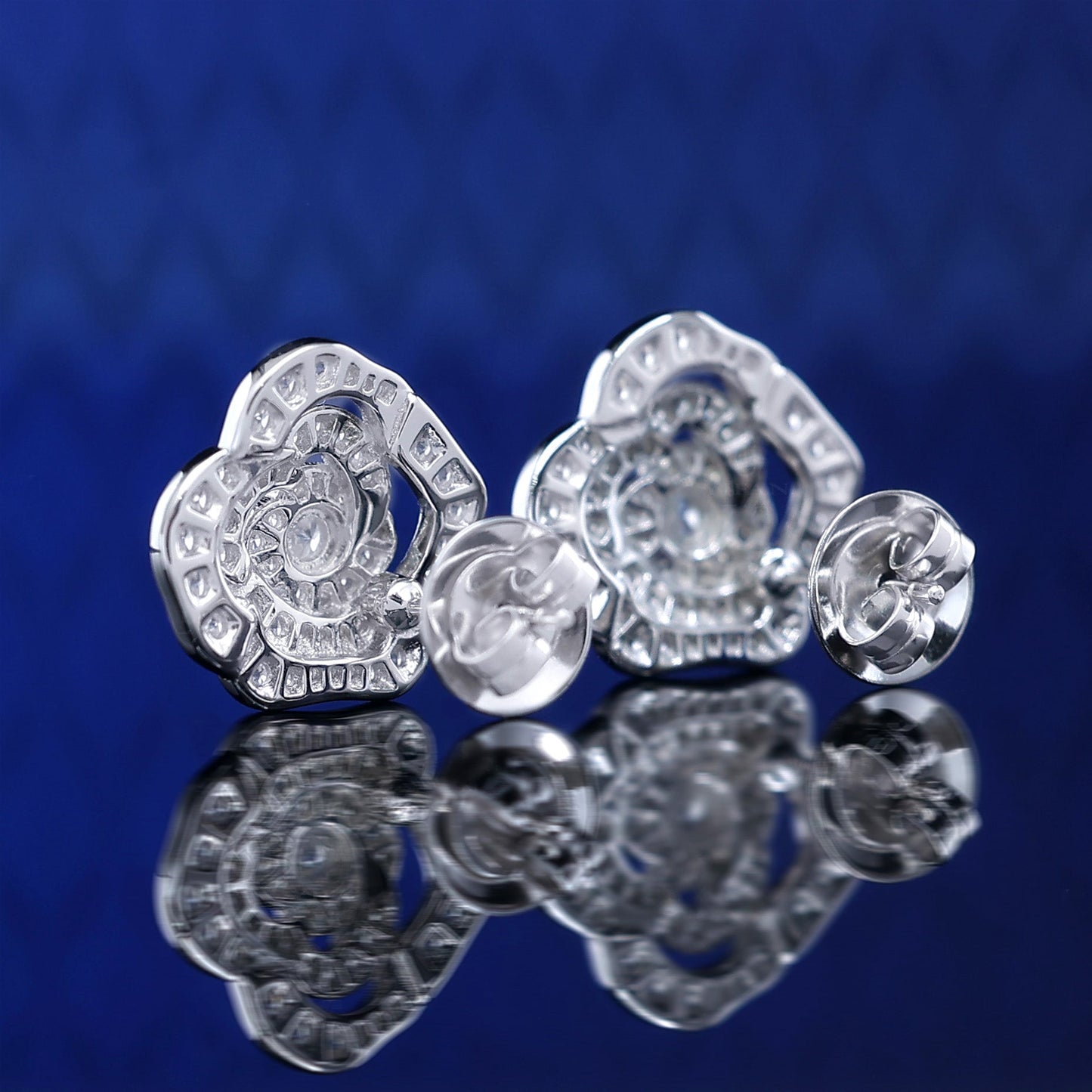 Micro-setting Lab created stones Camellia earrings, sterling silver.