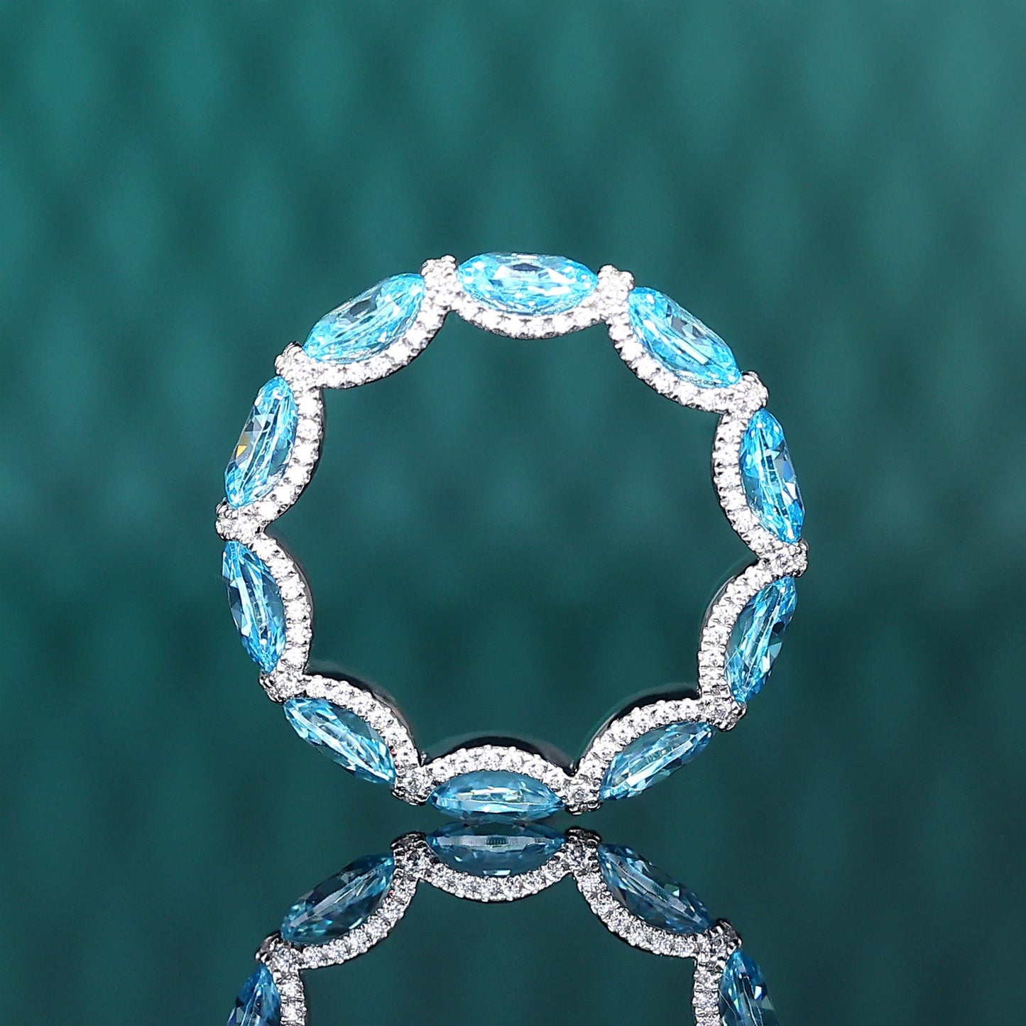 Micro-setting Aquamarine color Lab created stones detailed band ring, sterling silver. (7.5 carat)