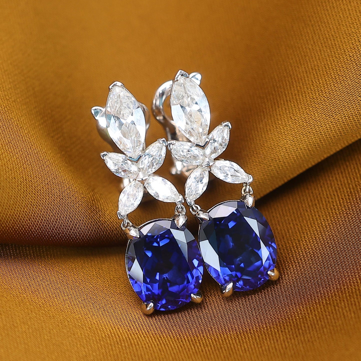 Micro-setting Sapphire color Lab created stones marquise 4 prong earrings, sterling silver