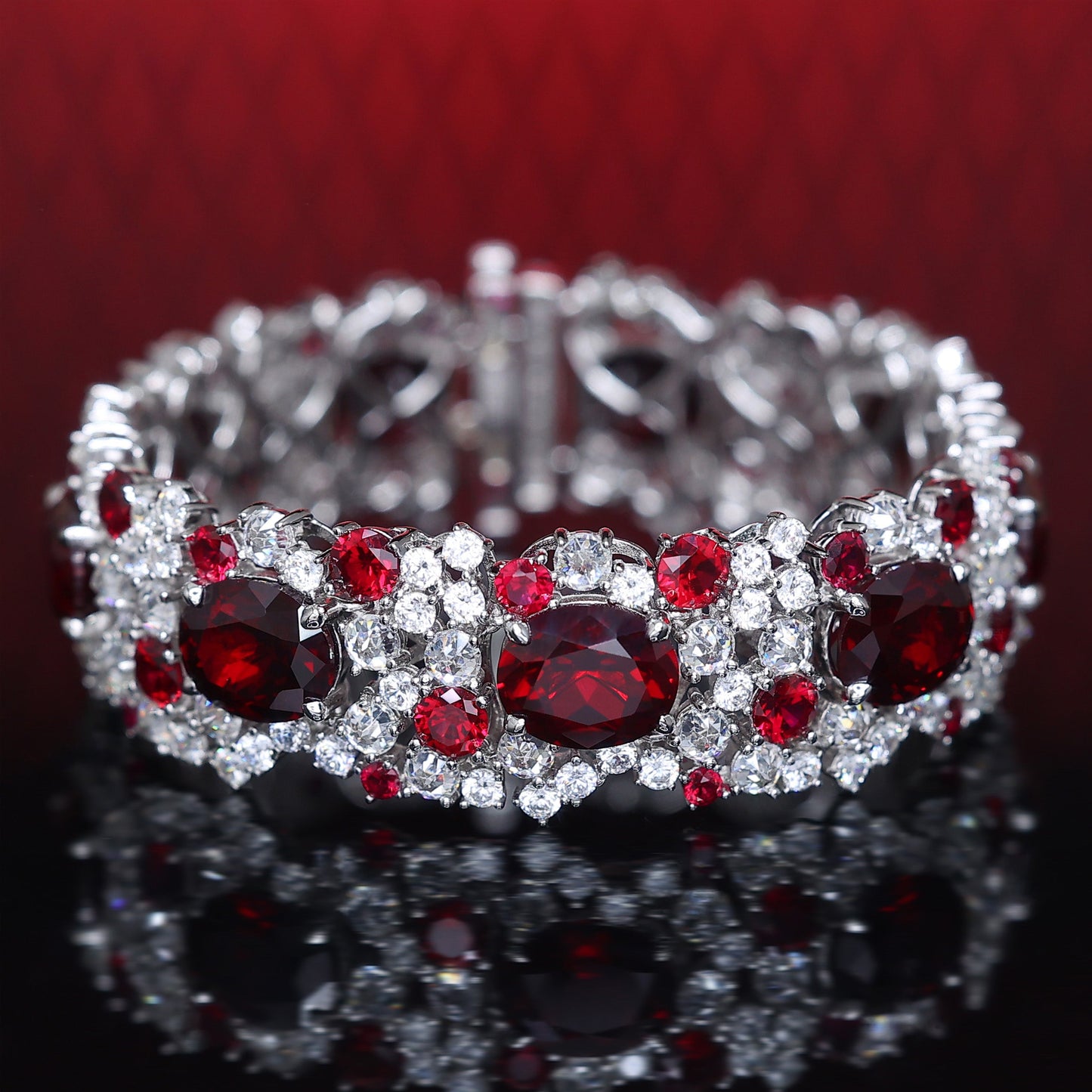 Micro-setting Ruby color Lab created stones fully studded fancy oval shape bracelet, sterling silver