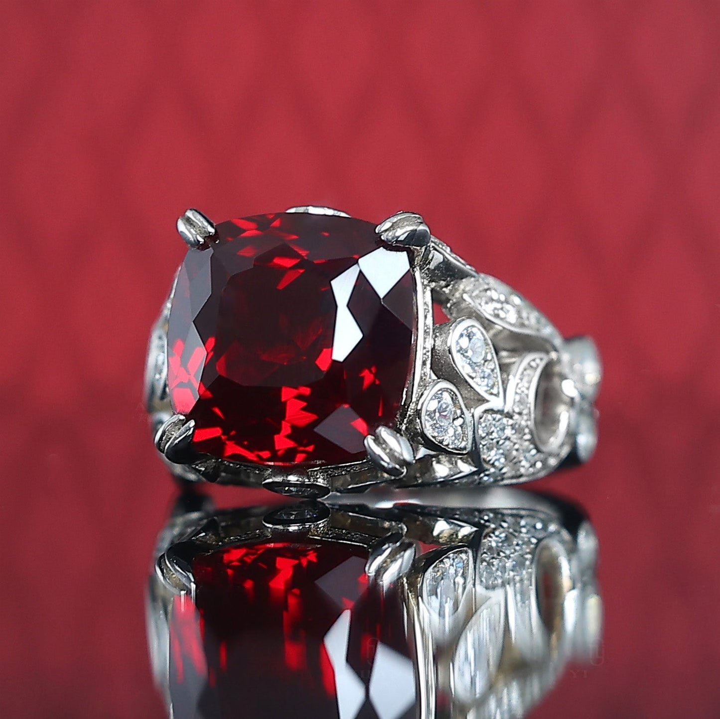 Micro-setting Ruby color Square shape Lab created stones Birds paying homage to the phoenix ring, sterling silver.  (9.55 carat)