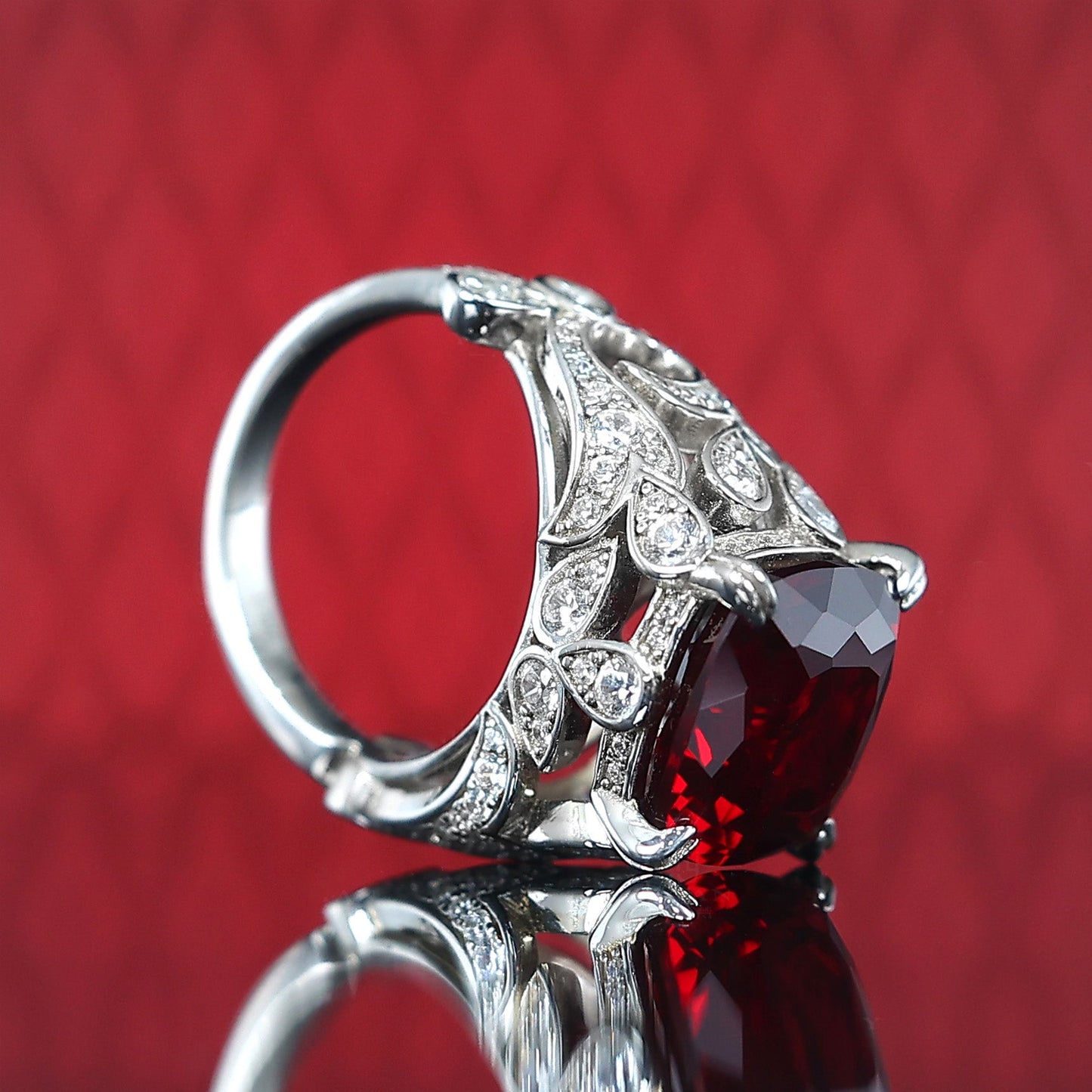 Micro-setting Ruby color Square shape Lab created stones Birds paying homage to the phoenix ring, sterling silver.  (9.55 carat)