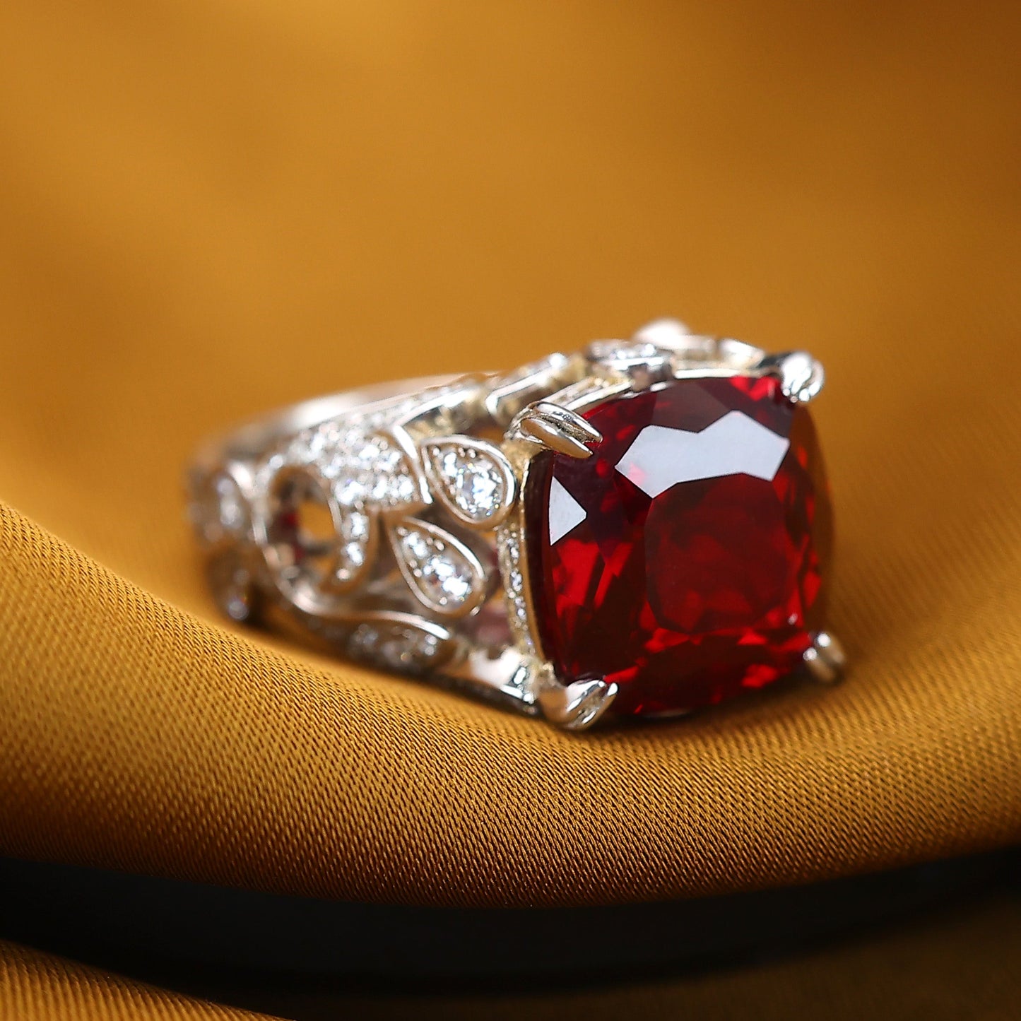 Micro-setting Ruby color Square shape Lab created stones Birds paying homage to the phoenix ring, sterling silver.  (9.55 carat)