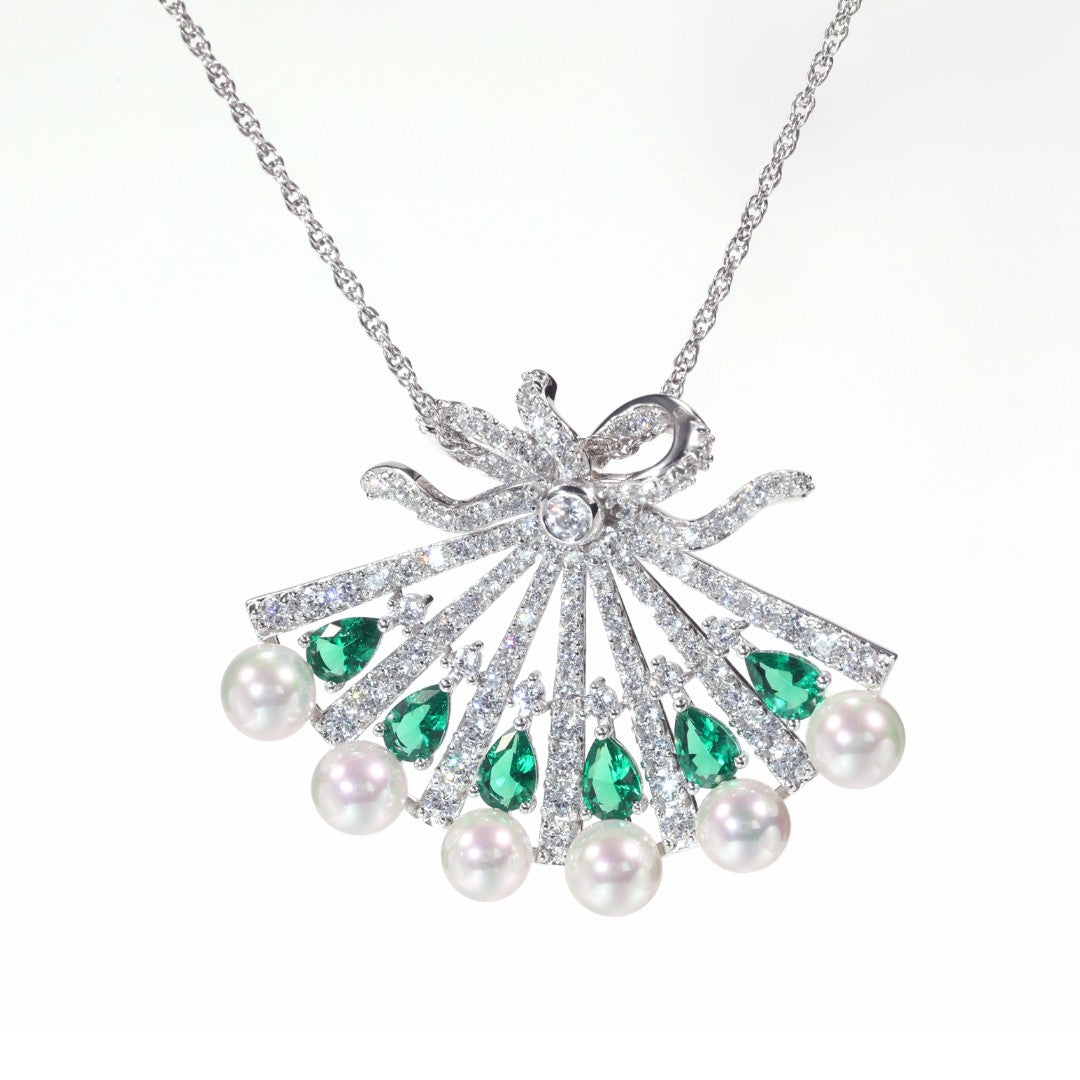 Micro-setting Emerald color lab created stones Snow flower and the secret fan pendant, sterling silver