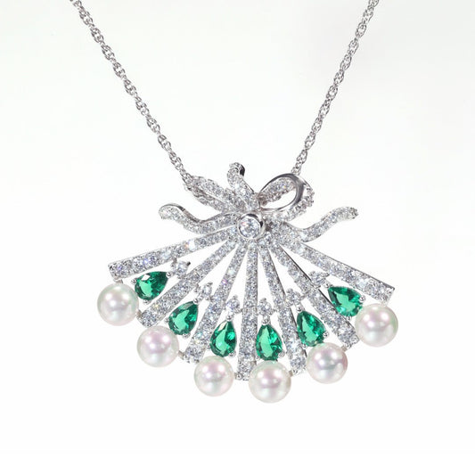 Micro-setting Emerald color lab created stones Snow flower and the secret fan pendant, sterling silver