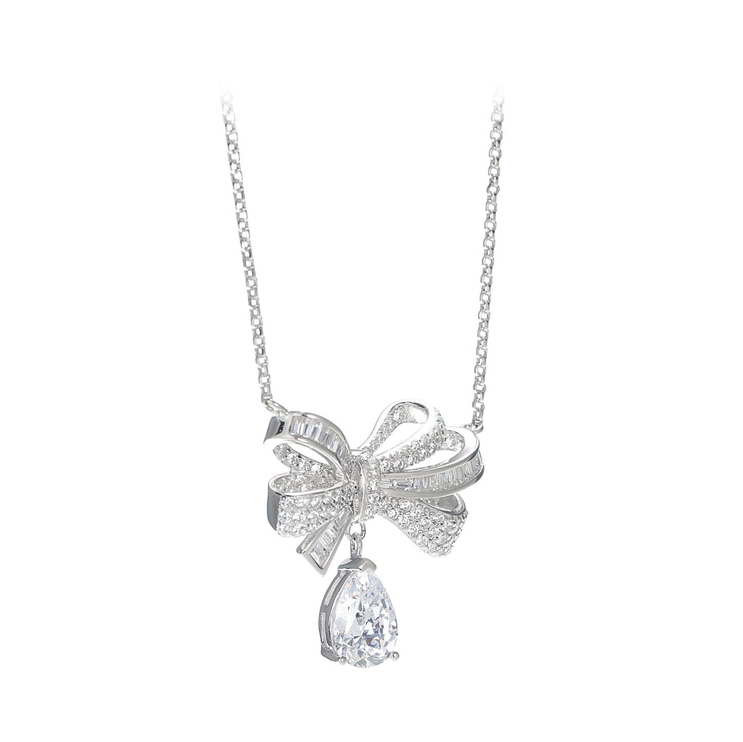 Promotional design  Micro-setting Clear diamond color mixed cut lab created stones Bowknot necklace, sterling silver