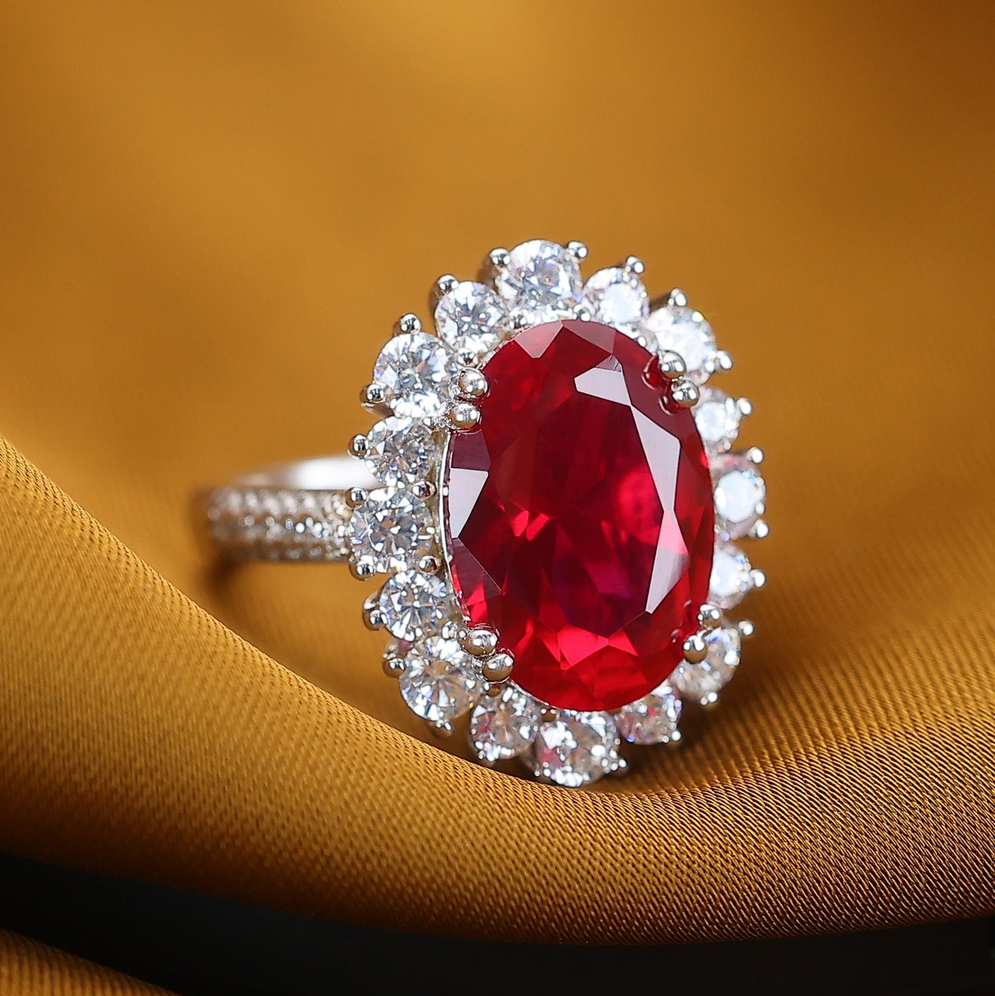 Promotional design Micro-setting Ruby color Lab created stones Classic Diana ring, sterling silver. (6 carat)