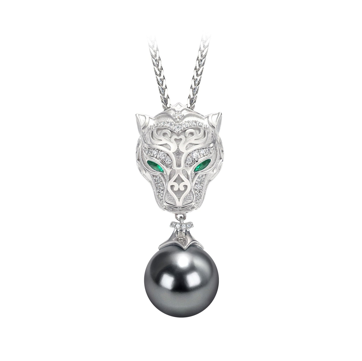 Micro-setting Lab created stones and grey shell pearl the Silver moon leopard necklace, sterling silver