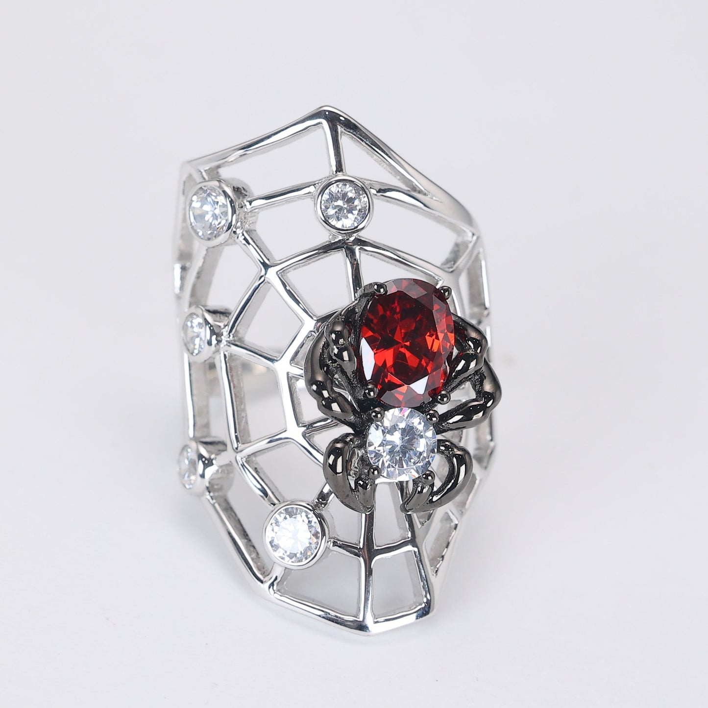 Reservation design Micro-setting Ruby color Spider web ring, sterling silver. double platting