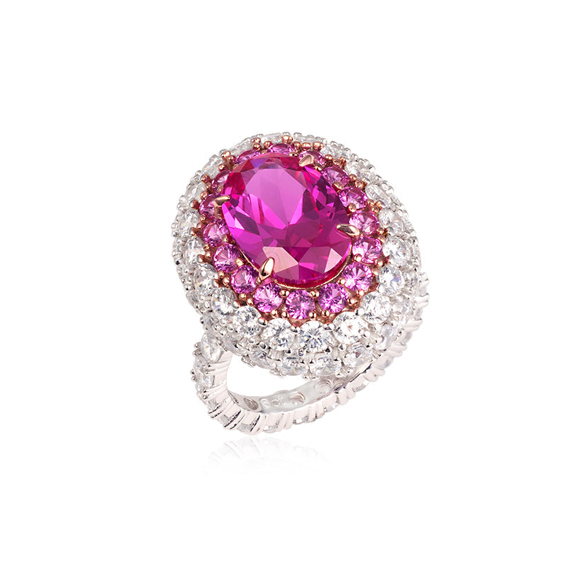 Micro-setting dark oval Pink diamond color Lab created stones Romantic Luxury statement ring, sterling silver