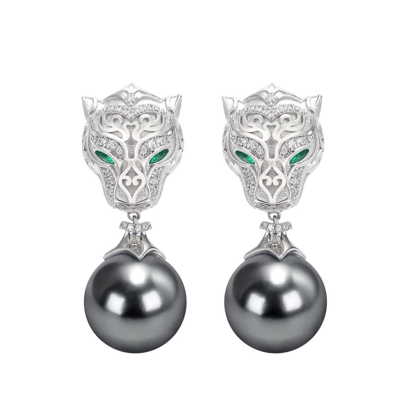 Micro-setting Lab created stones and grey shell pearl the Silver moon leopard earrings, sterling silver