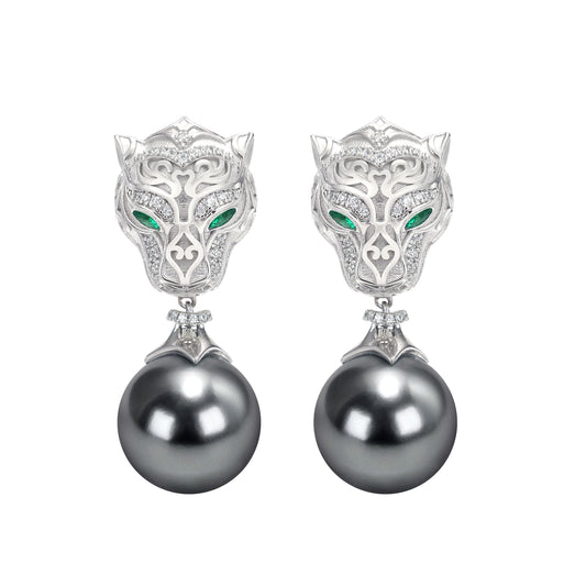 Micro-setting Lab created stones and grey shell pearl the Silver moon leopard earrings, sterling silver