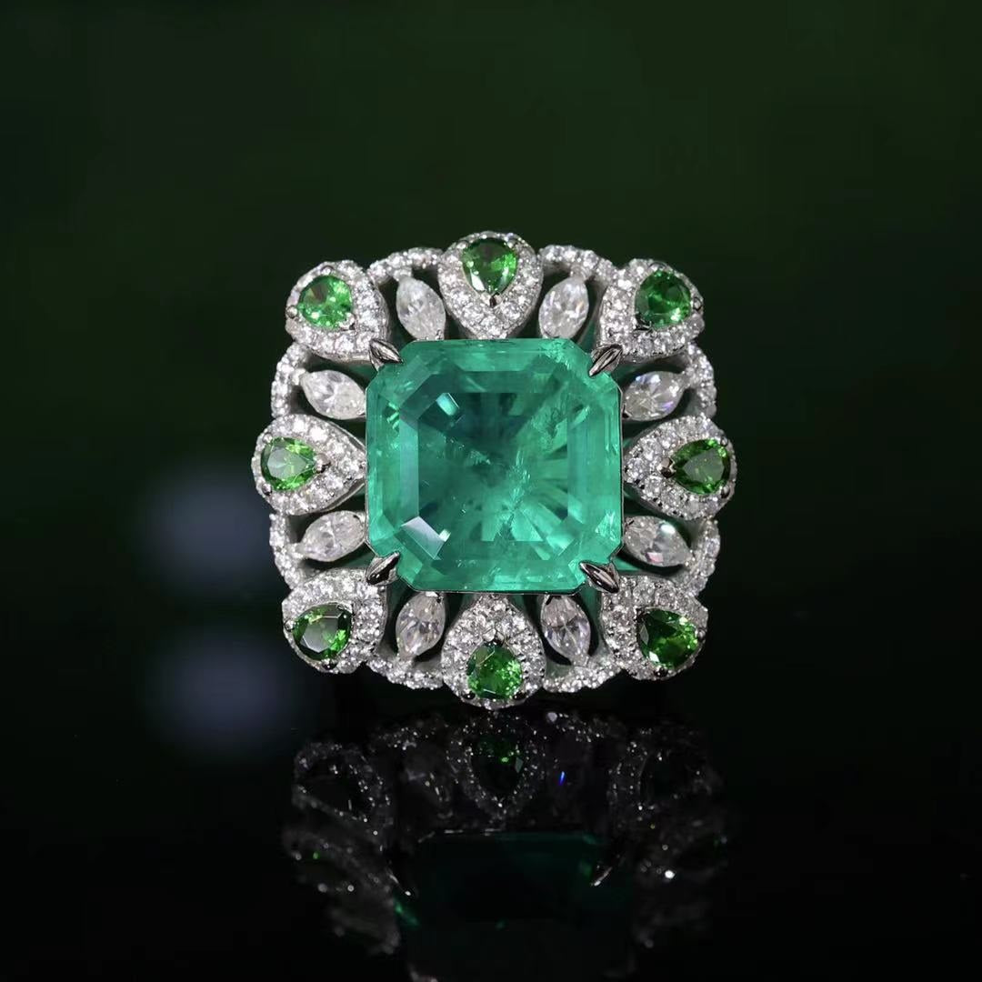 Micro-setting Emerald color square shape  Lab created stones peacock tail ring, sterling silver