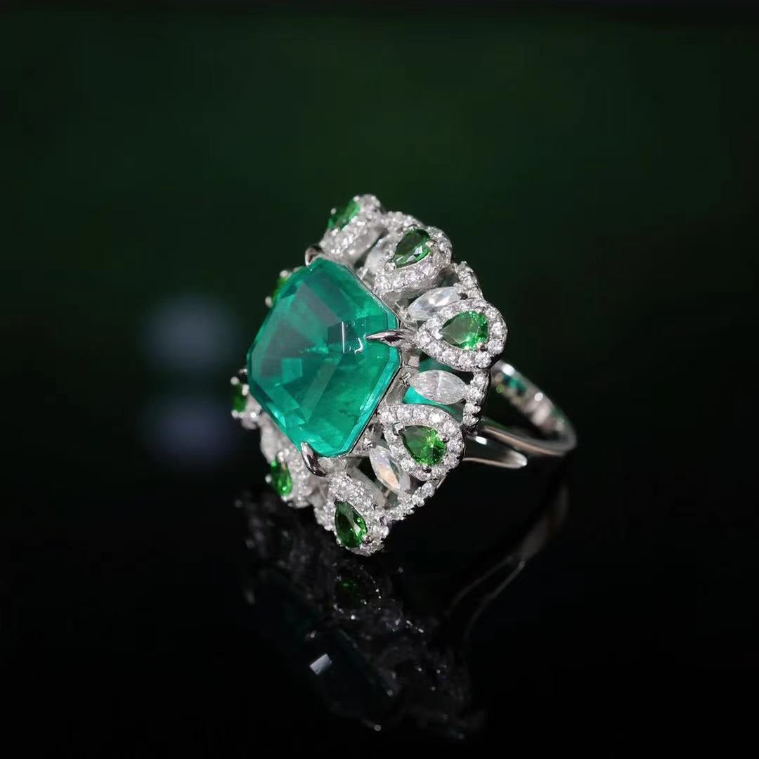 Micro-setting Emerald color square shape  Lab created stones peacock tail ring, sterling silver