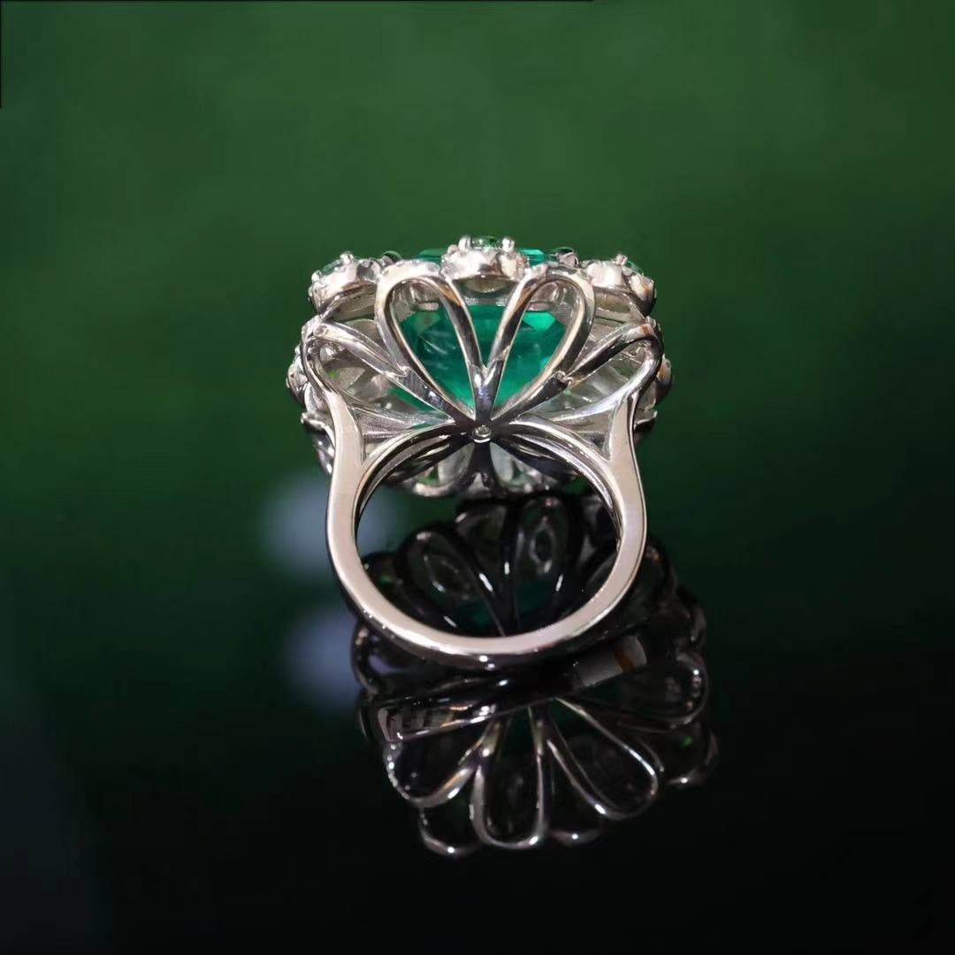 Micro-setting Emerald color square shape  Lab created stones peacock tail ring, sterling silver