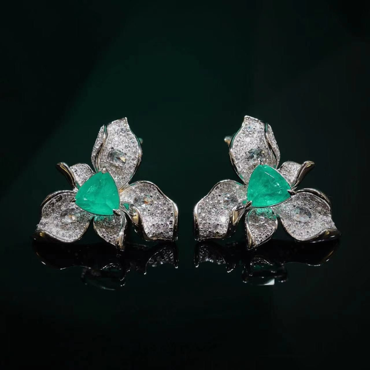 Micro-setting Emerald color Lab created stones Triangle shape Three petals earrings, sterling silver