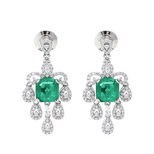 Micro-setting Square teardrop shape emerald color lab created stones Palace style earrings, sterling silver