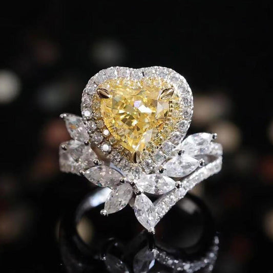 Micro-setting yellow diamond color Lab created stones heart ring, sterling silver (3.5 carat)