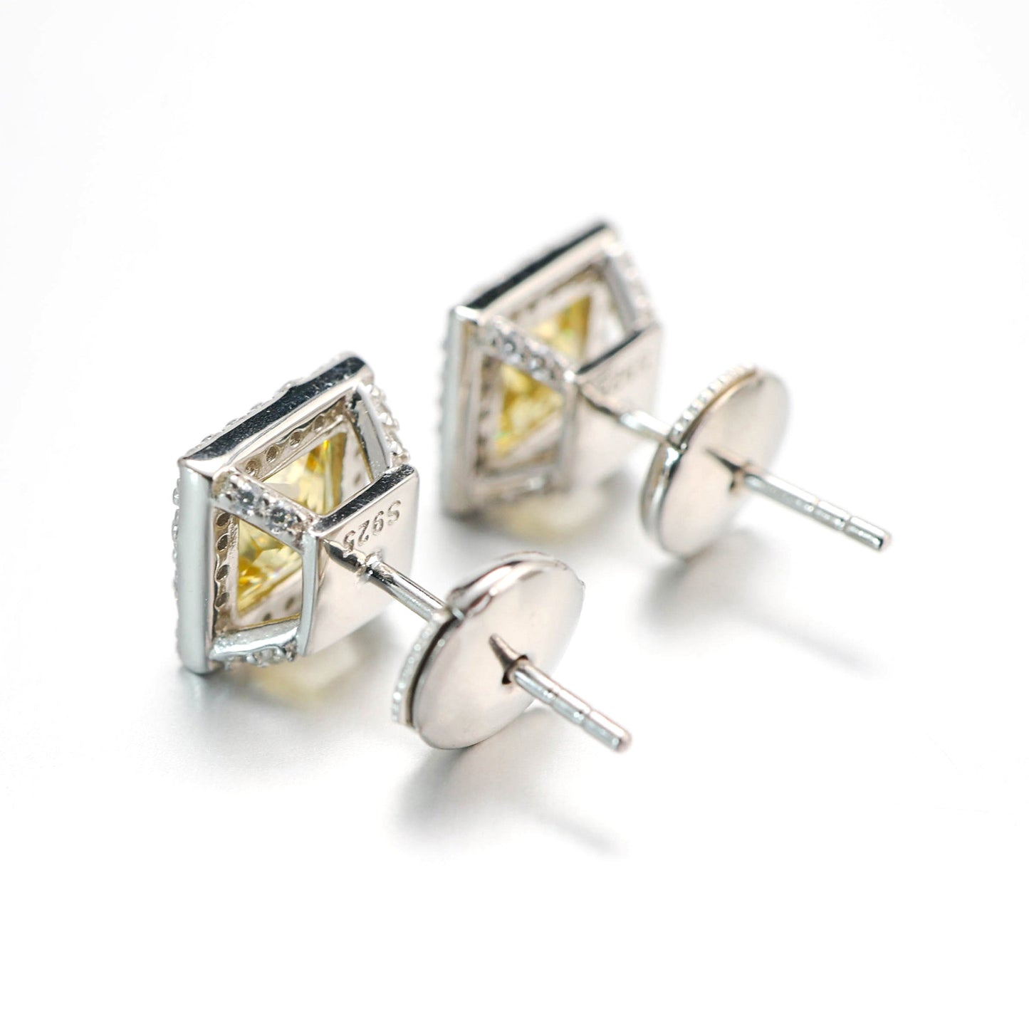 Micro-setting yellow diamond color princess cut Lab created stones Square shape detailed ear studs, sterling silver